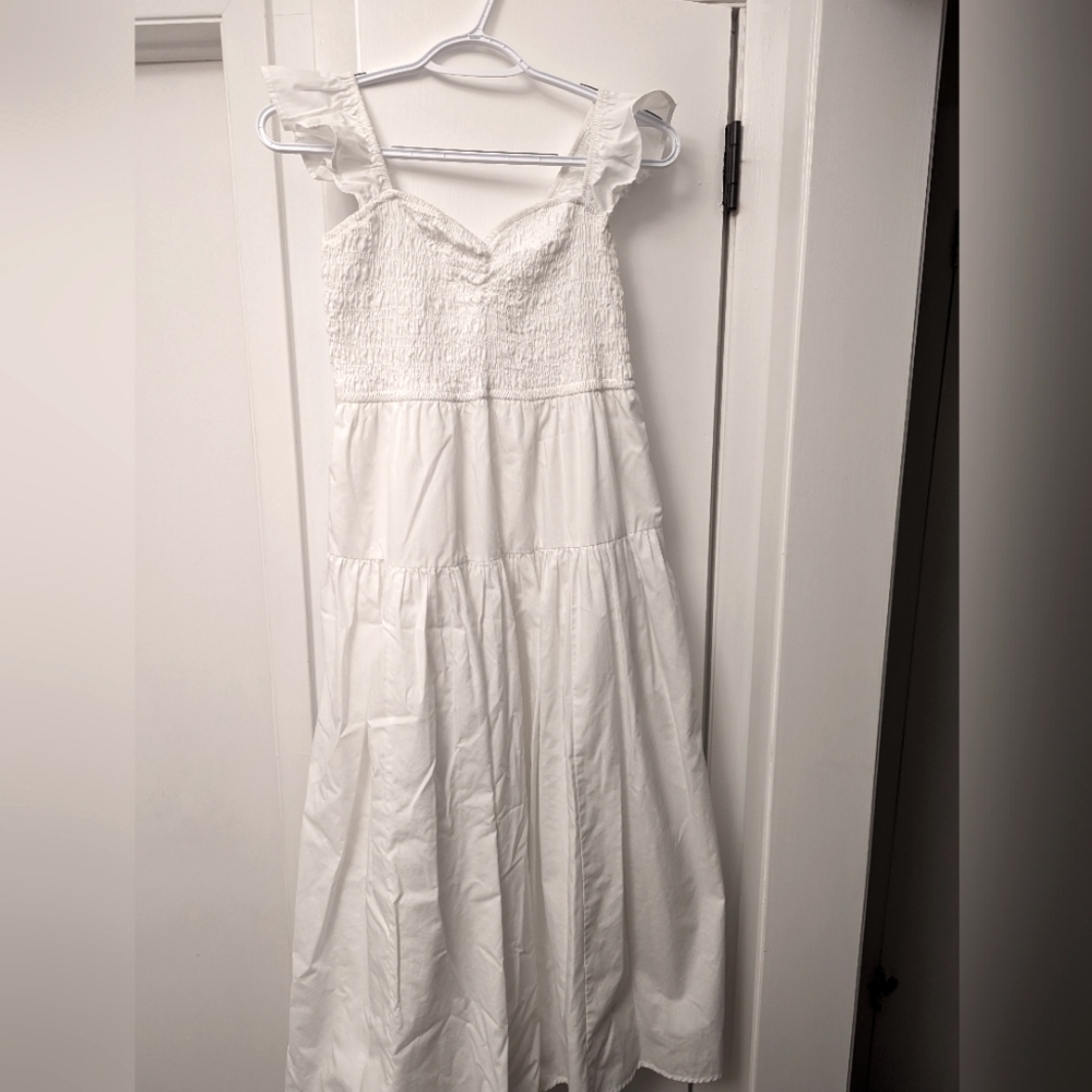 Abercrombie and Fitch Ruffle Strap Smocked Midi Dress, white, size small